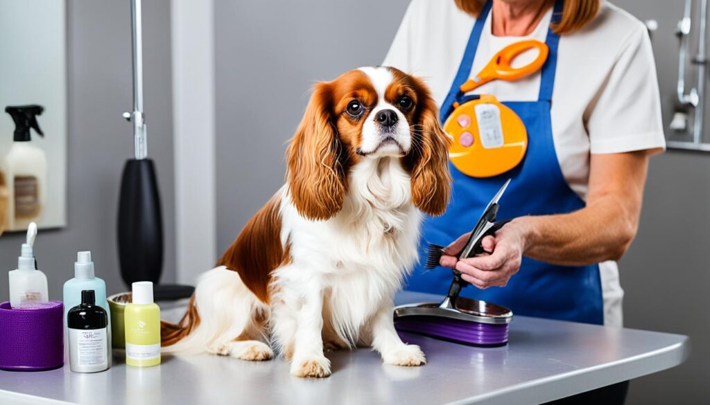 Cavalier King Charles Spaniel während der Fellpflege